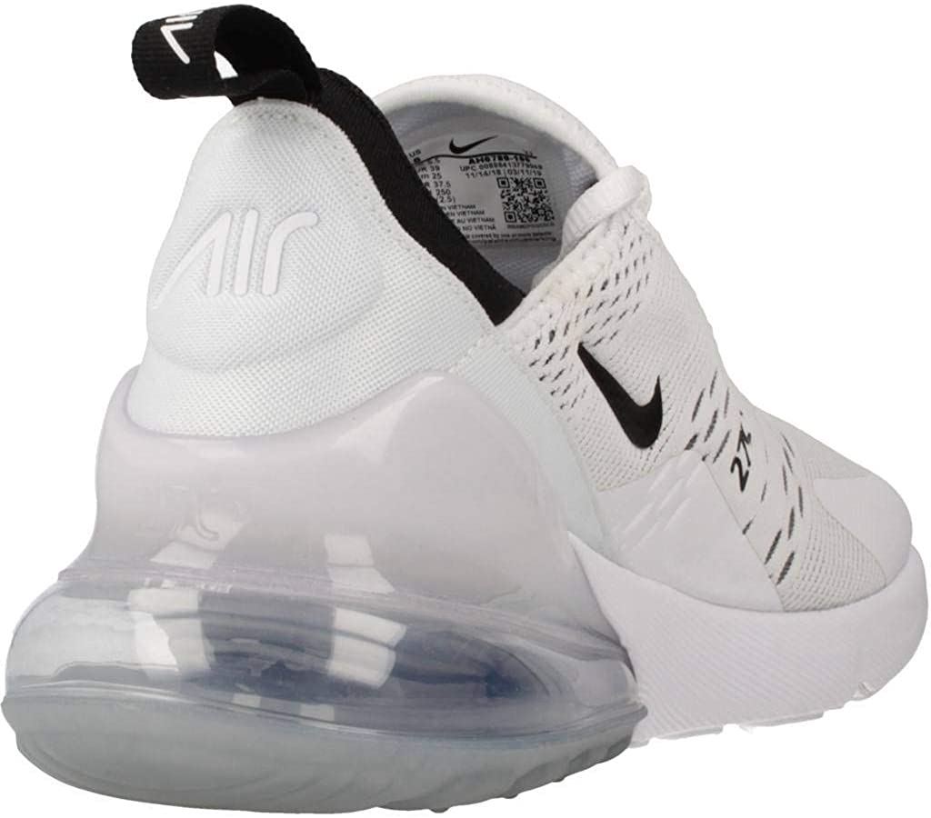 Women's Nike Air Max 270 sneakers, back view with black collar, white upper, visible Air unit