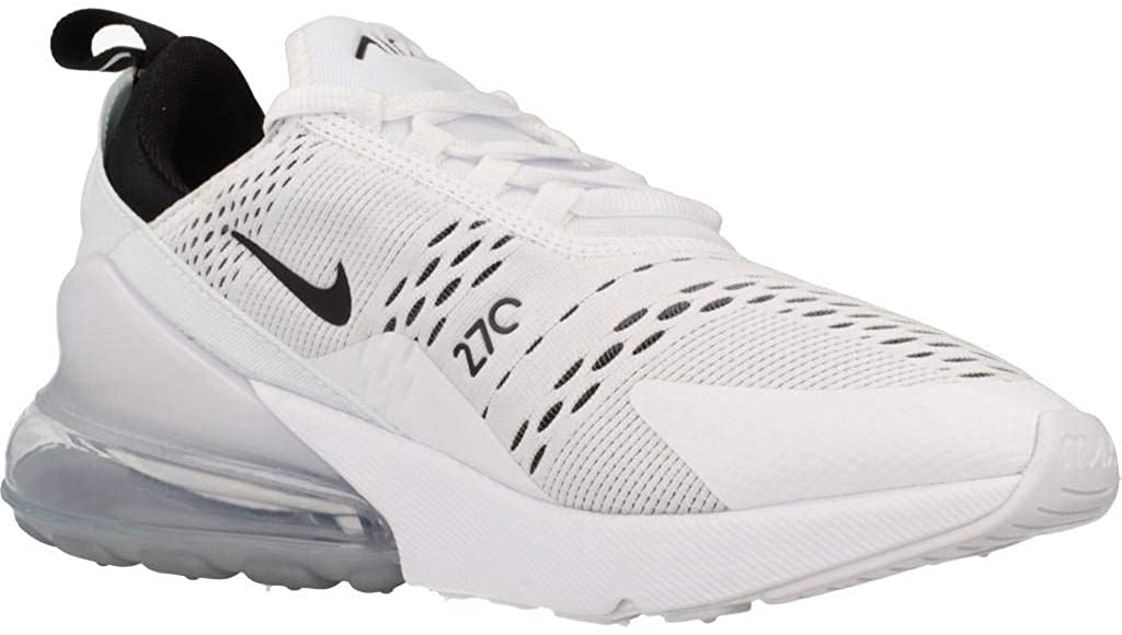 Women's Nike Air Max 270 sneakers, white upper with black Swoosh and translucent air sole