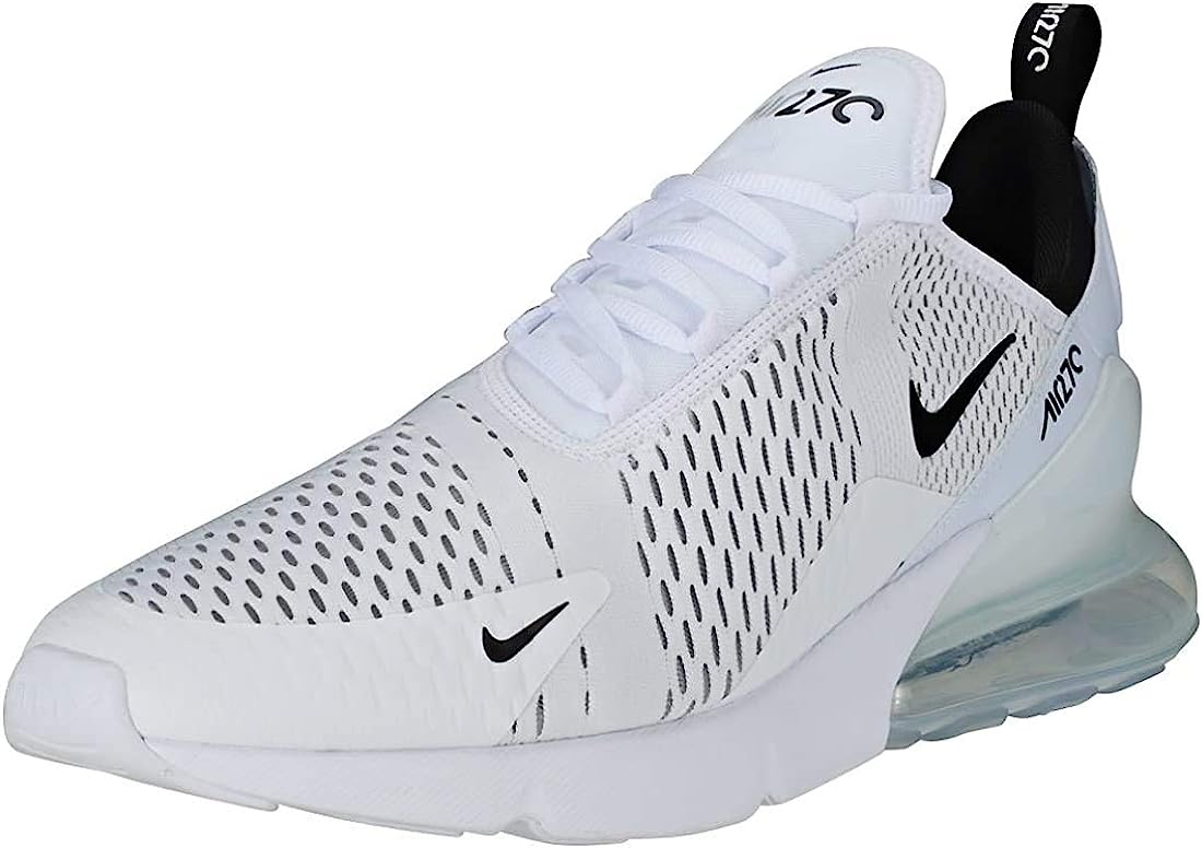 Men's Nike Air Max 270 sneaker with lace-up top, white knit with black swoosh