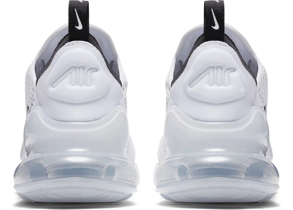 Men's Nike Air Max 270 heel view, white sole with black collar pull tab