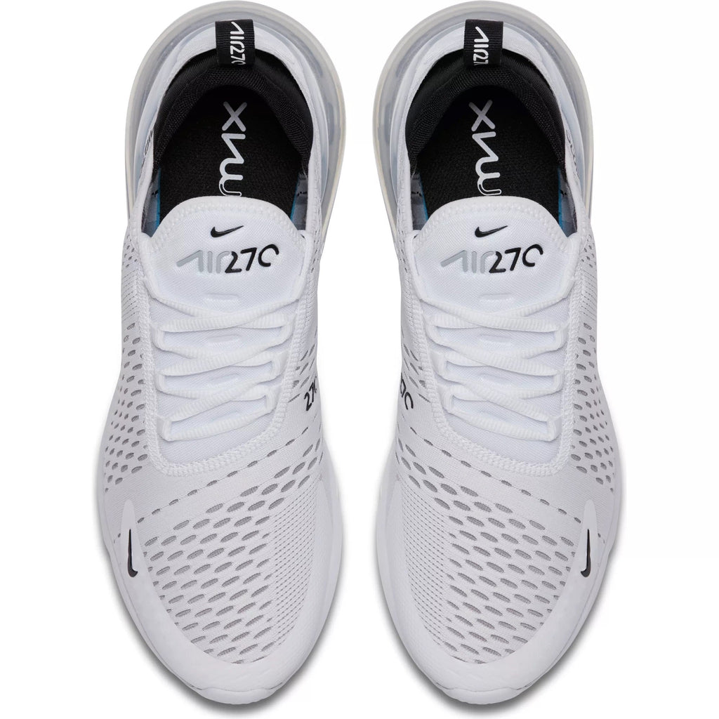 Men's Nike Air Max 270 sneaker top view, white laces and perforated toe panel