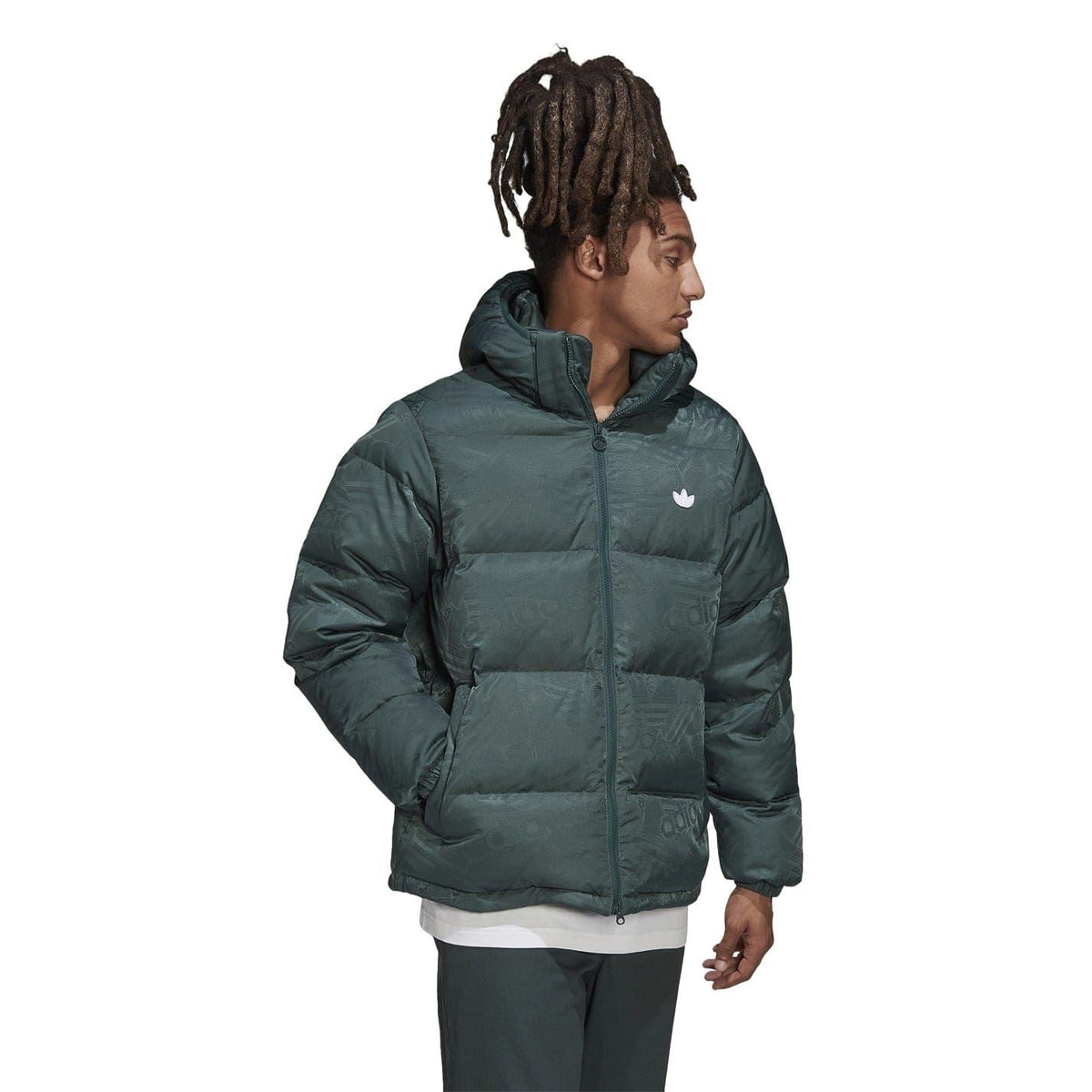 Hooded puffer jacket with full zip, dark green, adidas logo on chest