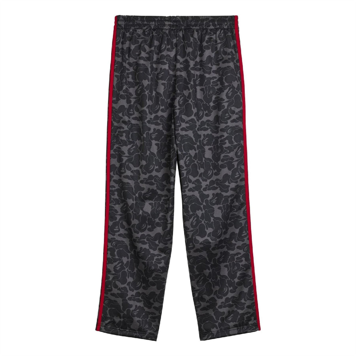 Black camo track pants with red side piping and elastic waistband