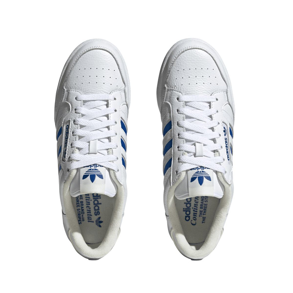 White adidas Continental 80 trainers, front view with laces and perforated toe box