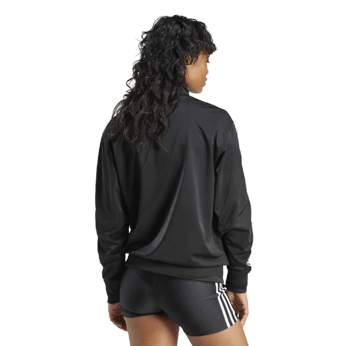 Black adidas track jacket, back view, with white triple stripe sleeves