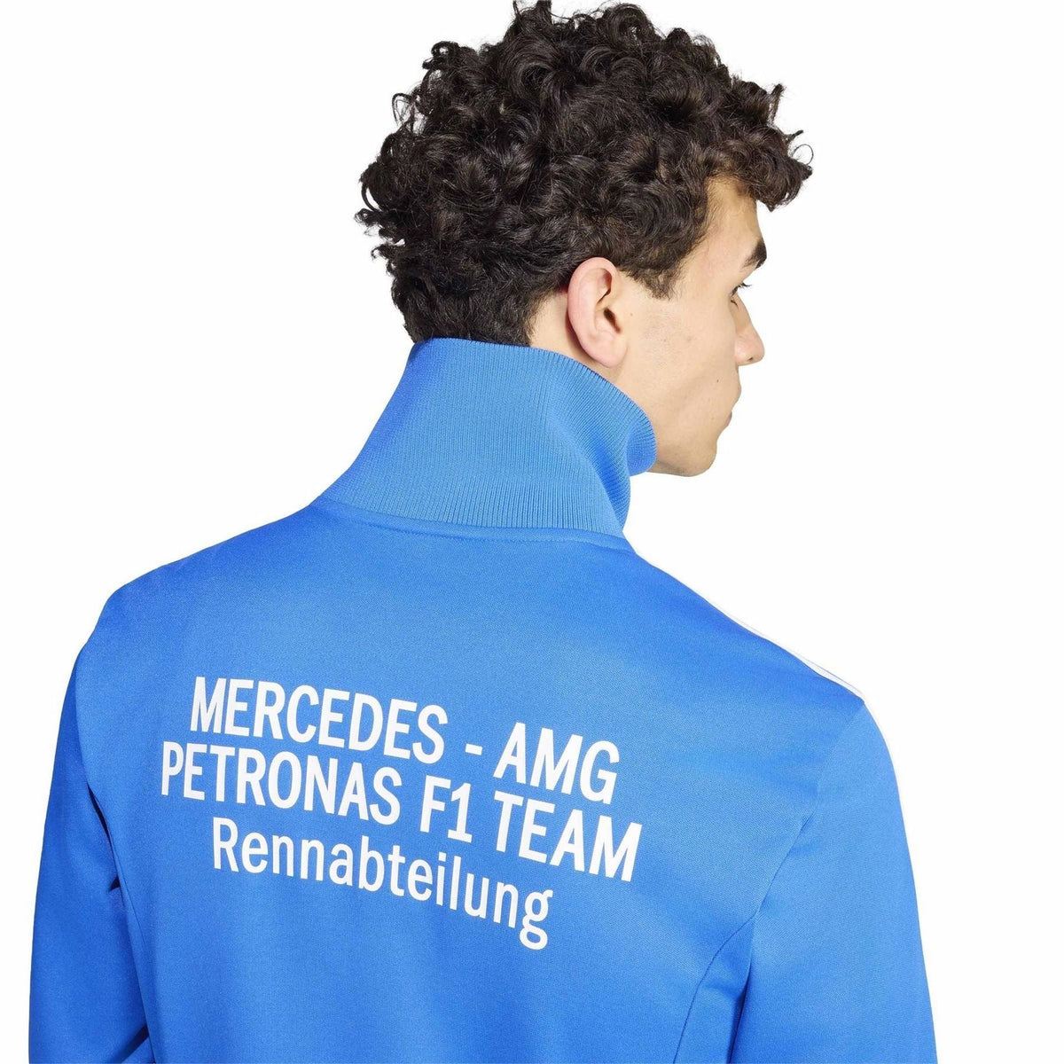Blue track jacket back print: MERCEDES-AMG PETRONAS F1 TEAM, high neck zip