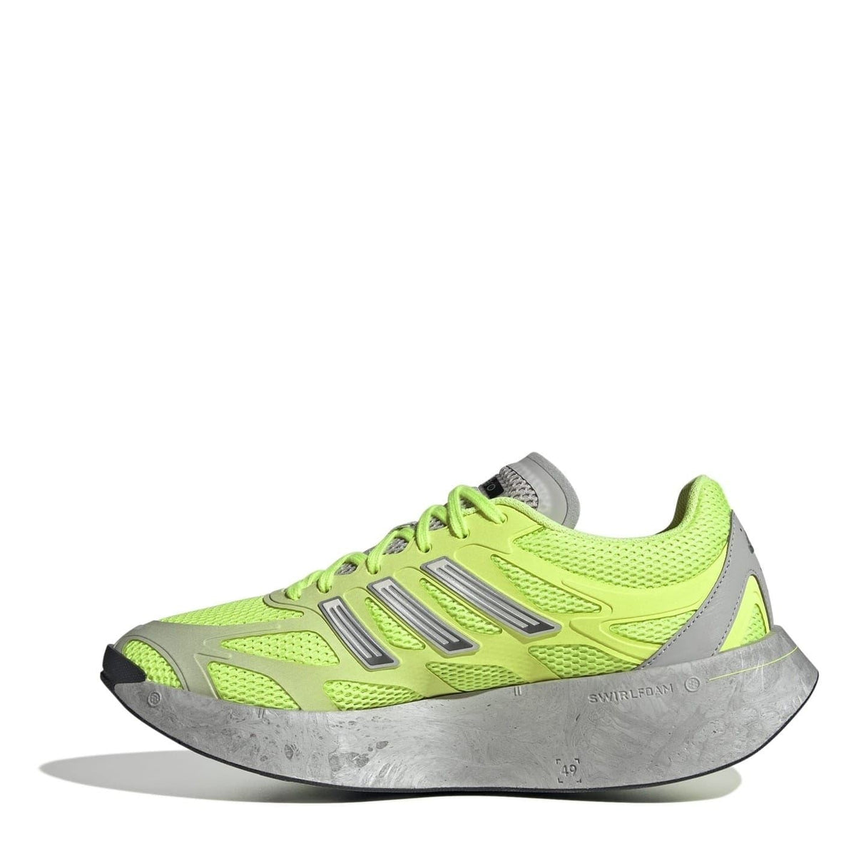 Side view lace-up low top sneakers in neon green with grey accents and rubber sole