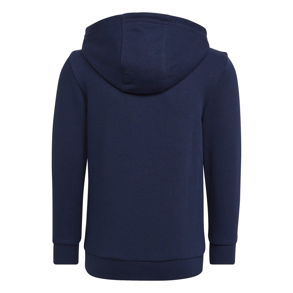 Kids navy adidas hoodie with attached hood, clean back view