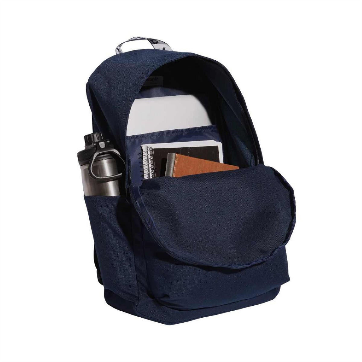 Dark indigo backpack opened to show inner compartment and front pocket