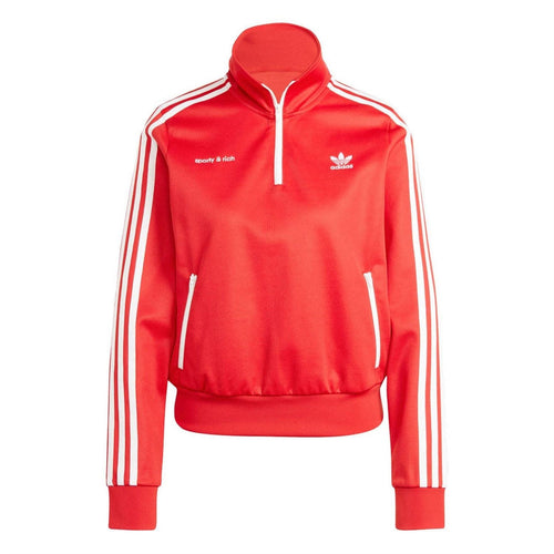 Red track top with hood, quarter-zip, white triple side stripes and adidas logo