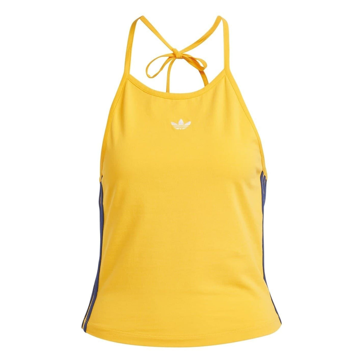Yellow adidas cropped halter tank top with tie neck and small trefoil logo