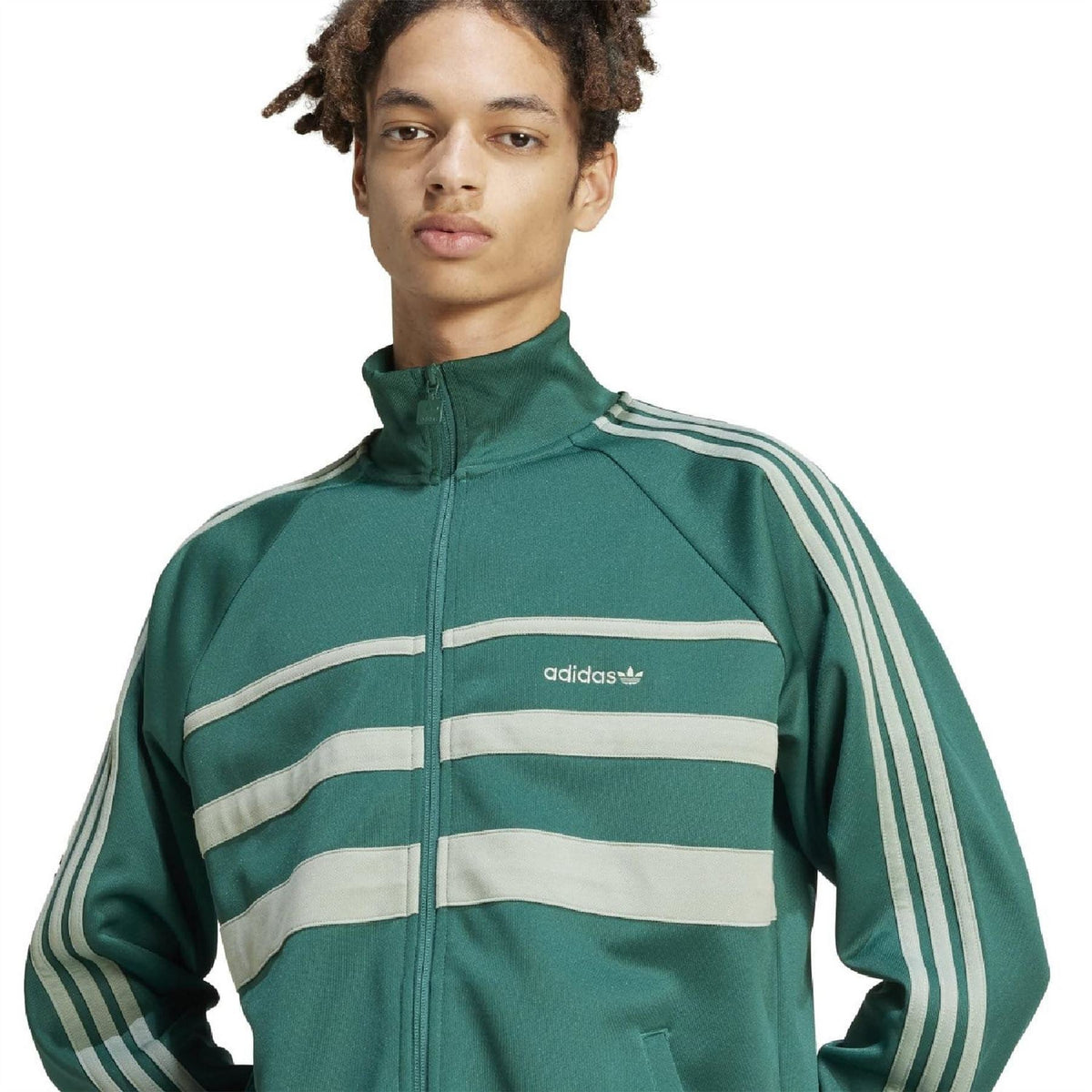 adidas Originals tracksuit top in black with white stripes, featuring a zip-up front and sporty collar.
