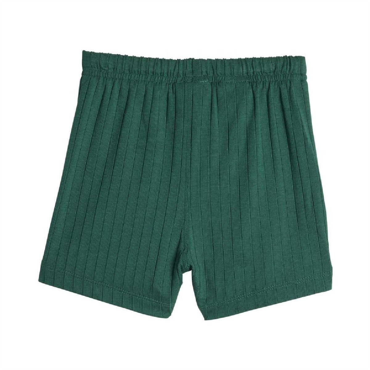 Green ribbed shorts with elastic waistband and stitched front seams