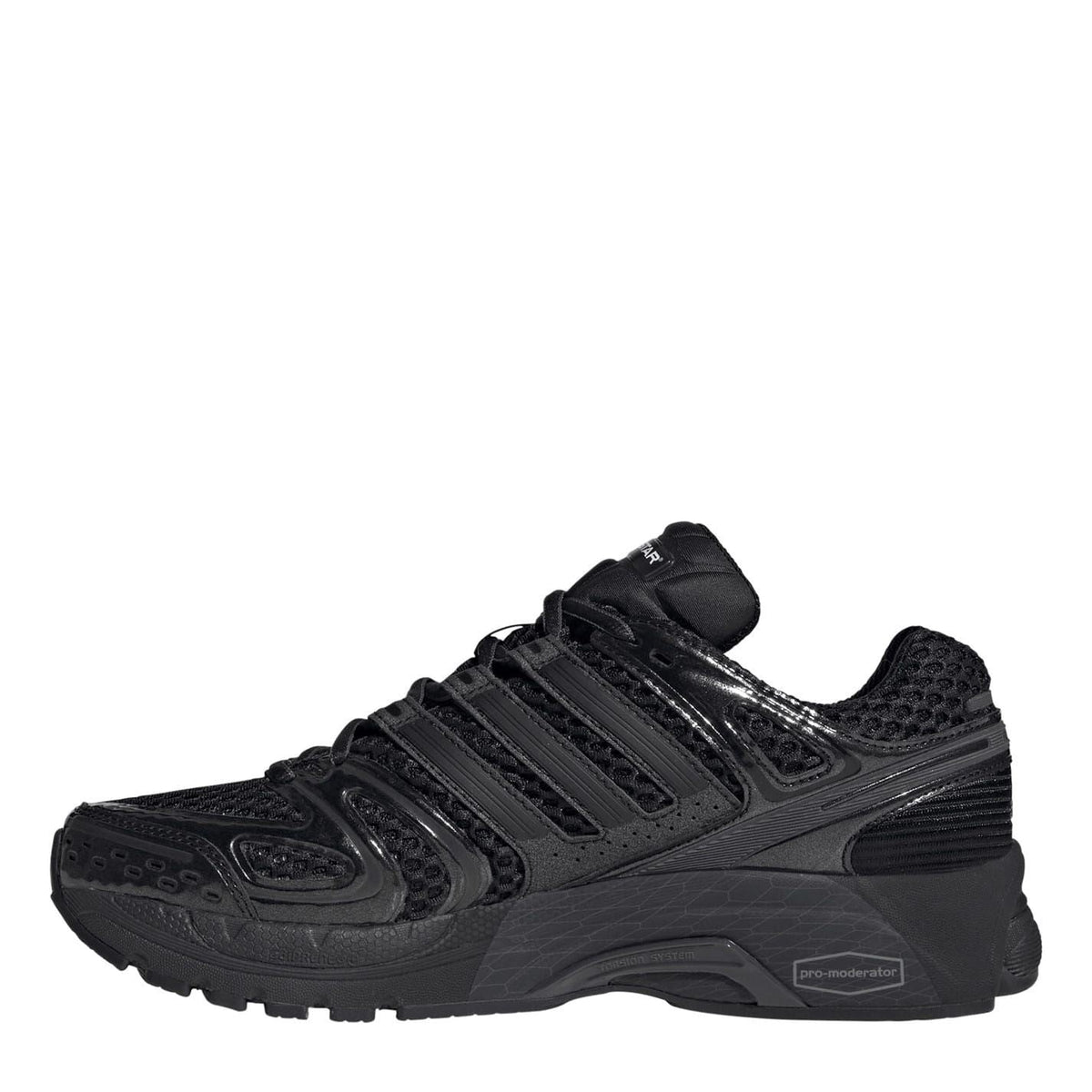Black lace-up sneaker with glossy detailing, chunky midsole, and pull tab
