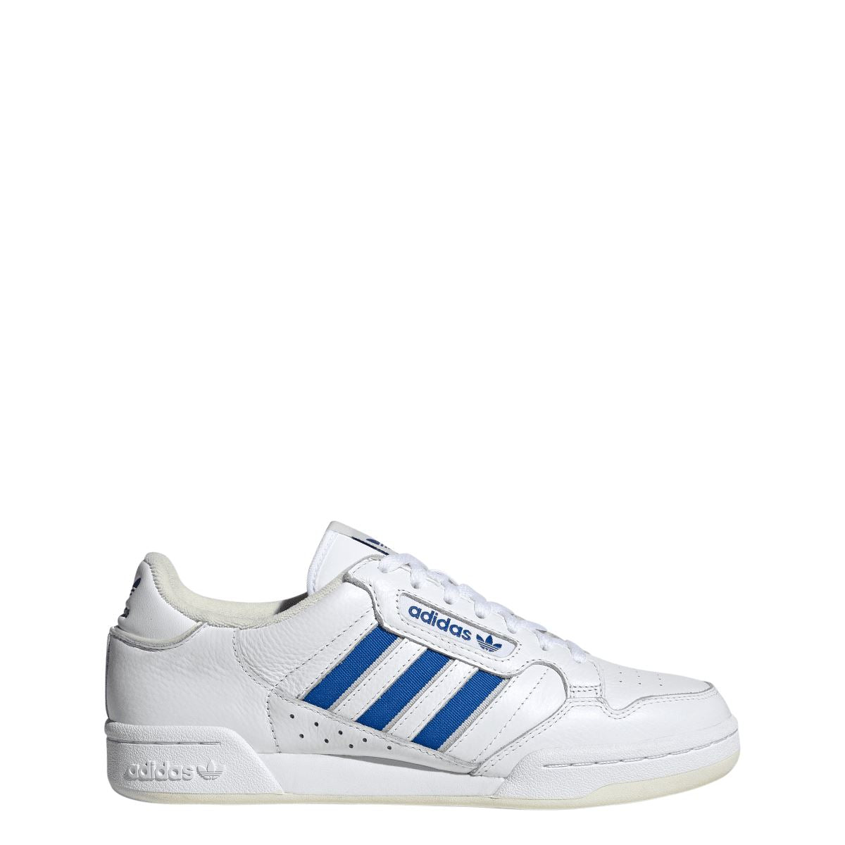 White adidas Continental 80 trainers, side profile with blue three-stripe panel