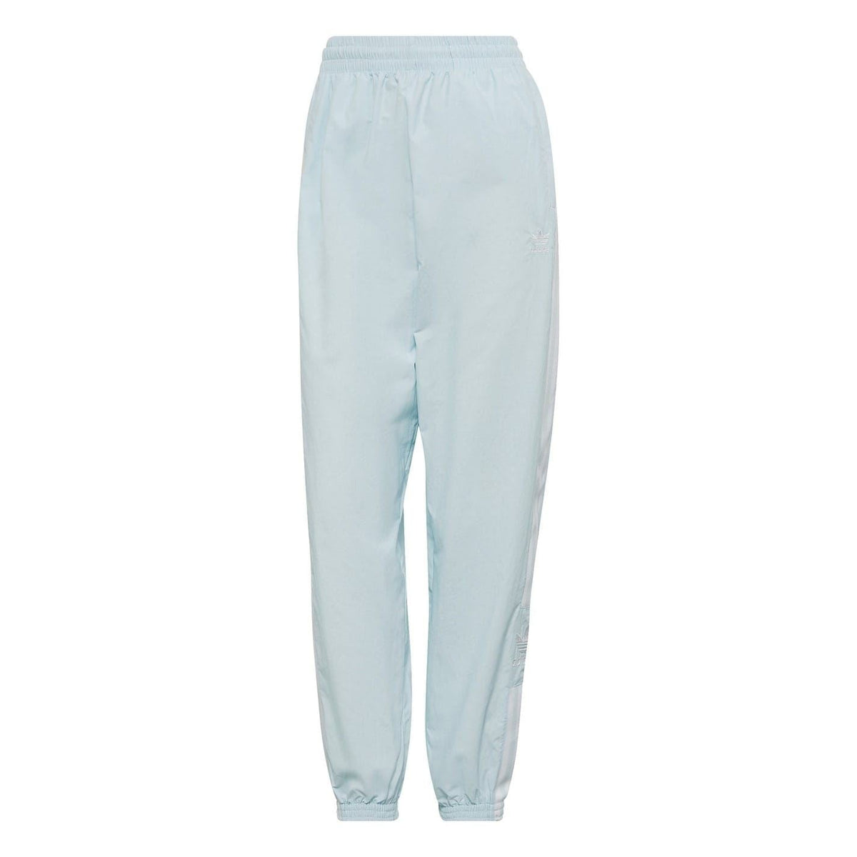 Light blue track sweatpants with elastic drawstring waistband and cuffed ankles