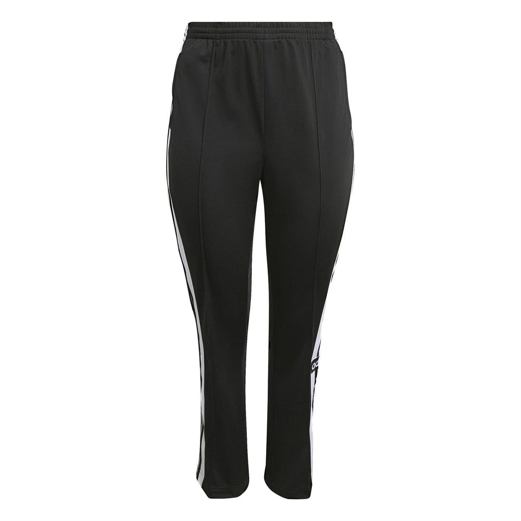 Black running pants with elastic waist, side stripe, tapered ankle cuffs