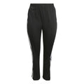 Black running pants with elastic waist, side stripe, tapered ankle cuffs