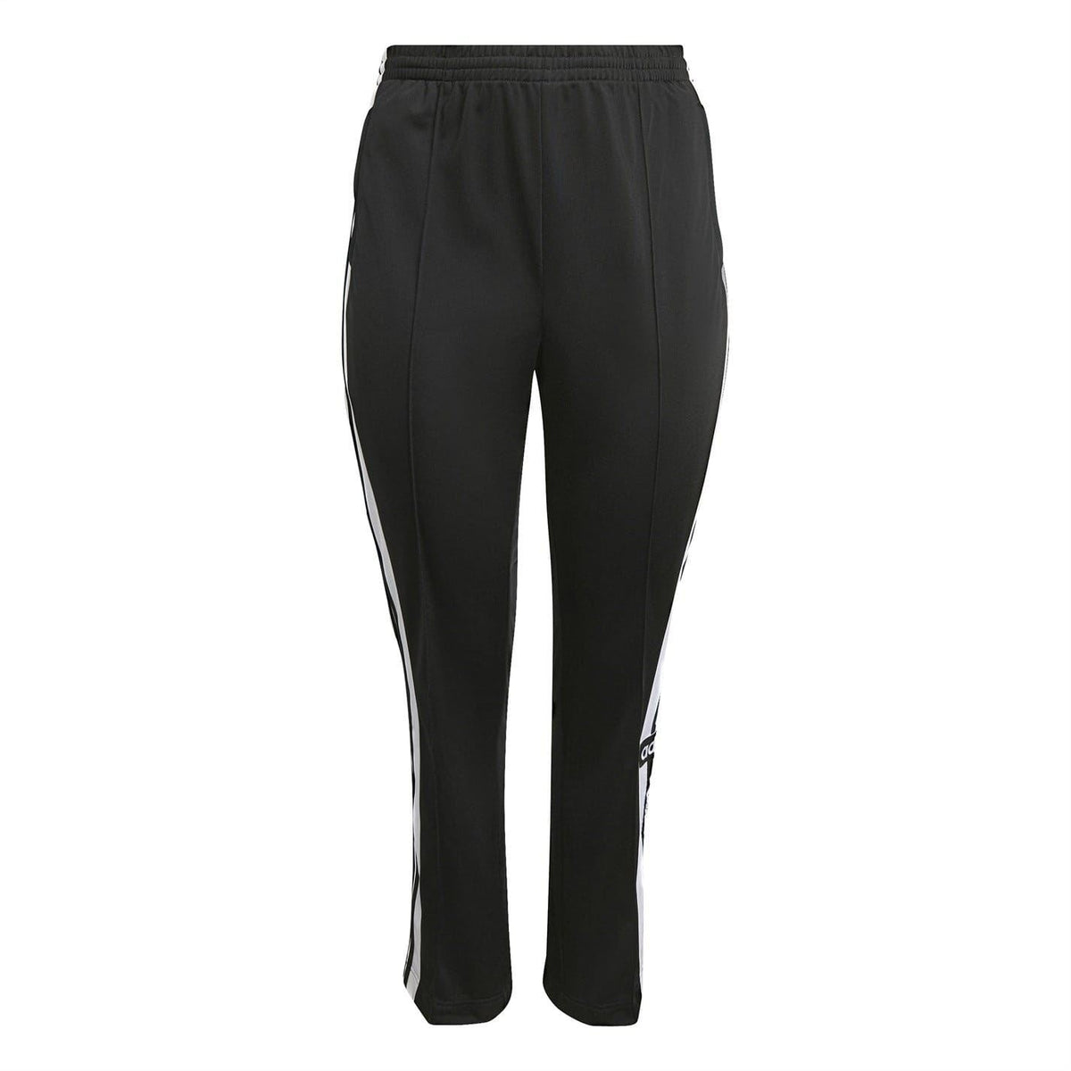 Black running pants with elastic waist, side stripe, tapered ankle cuffs