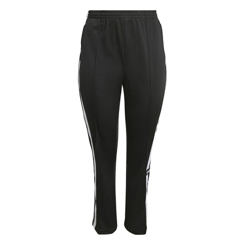 Black running pants with elastic waist, side stripe, tapered ankle cuffs