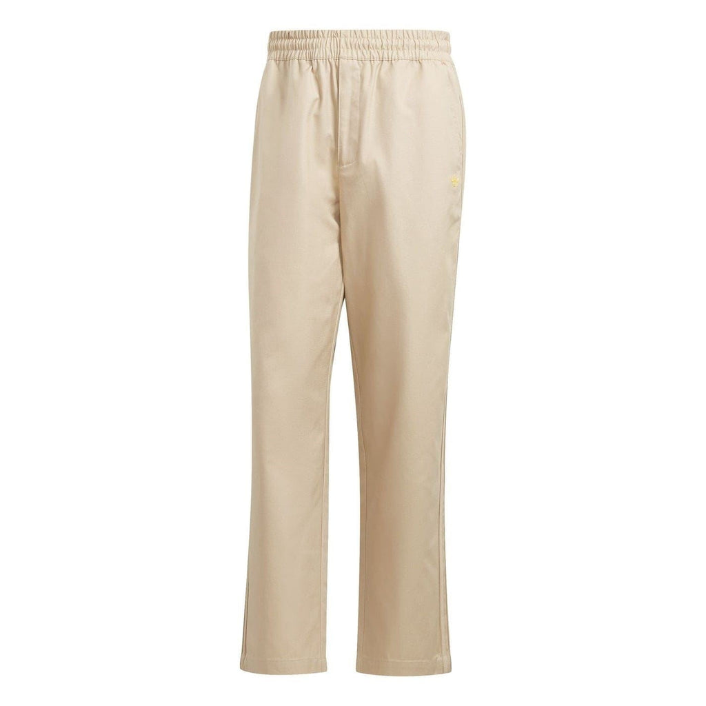 Beige drawstring chinos with elastic waistband, side pockets, and straight-leg fit