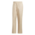 Beige drawstring chinos with elastic waistband, side pockets, and straight-leg fit