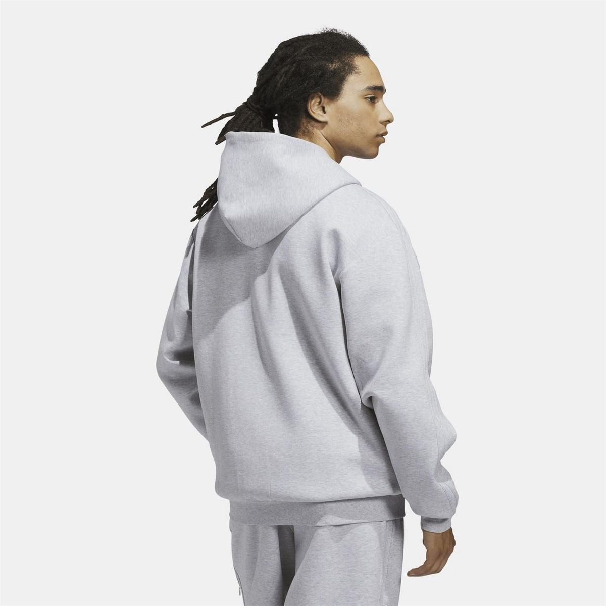 Grey adidas Originals fleece zip hoodie with hood and long sleeves, side view