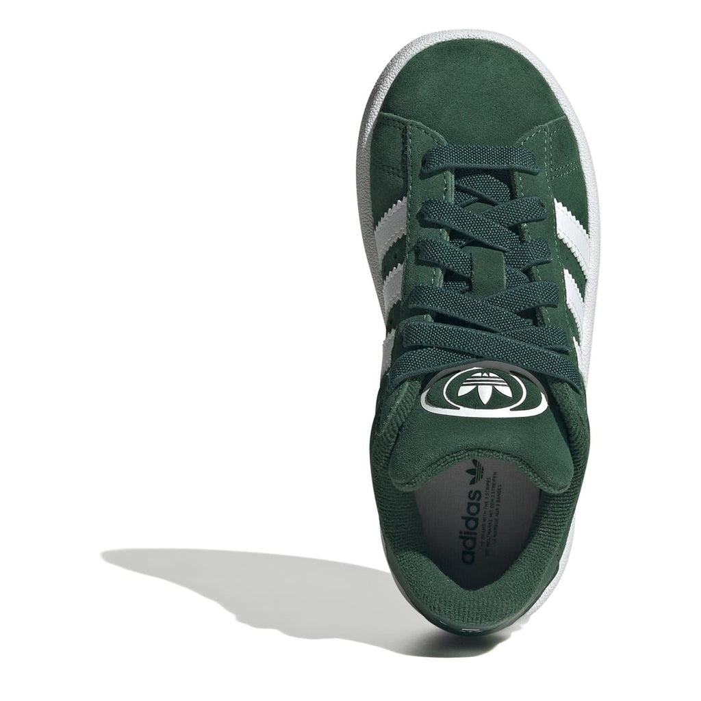 adidas Originals Campus 00s kids shoes, green suede top view with laces and logo patch.