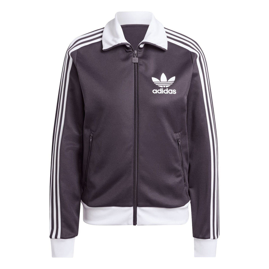 Dark purple adidas track jacket with zip front, white collar, trefoil logo, and sleeve stripes