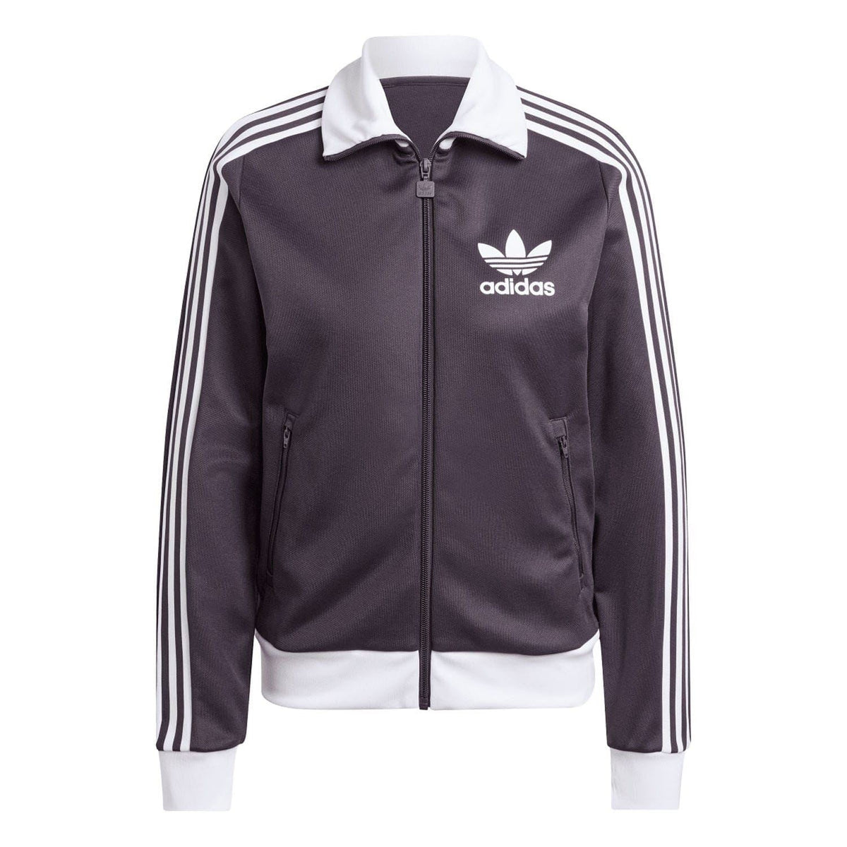 Dark purple adidas track jacket with zip front, white collar, trefoil logo, and sleeve stripes