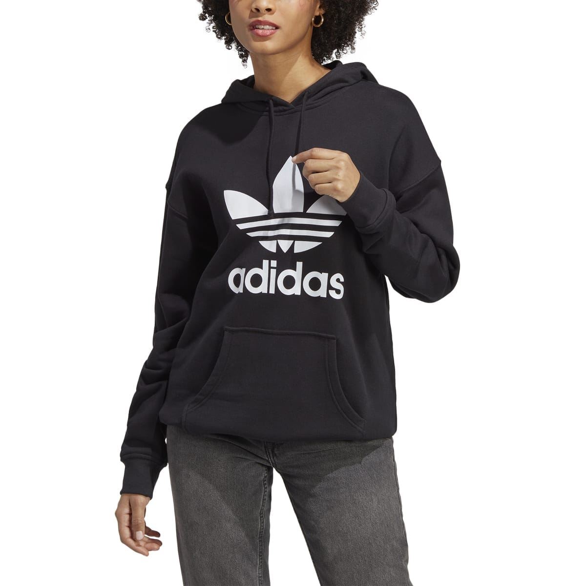 Black trefoil graphic hoody with large white trefoil and adidas logo, hooded