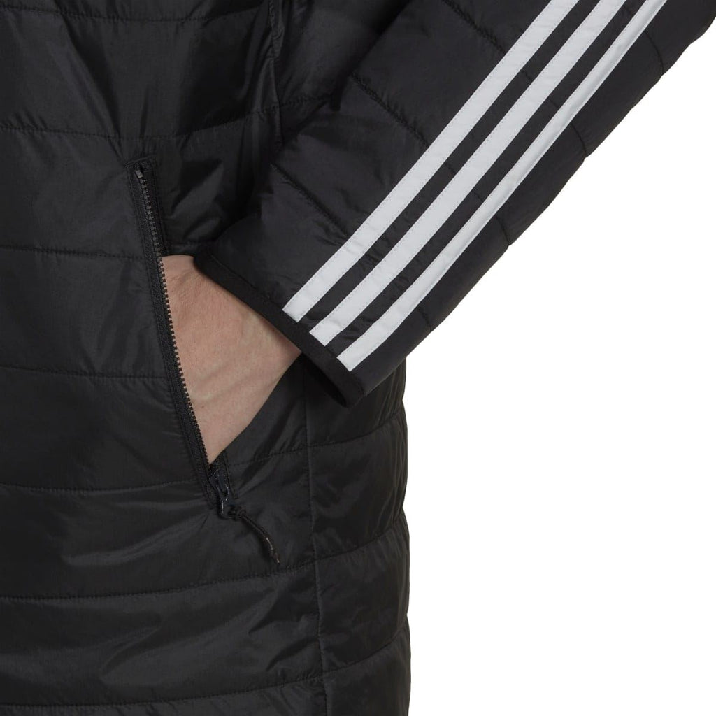Black padded coat close-up of full-zip front and white 3-stripe sleeve trim.