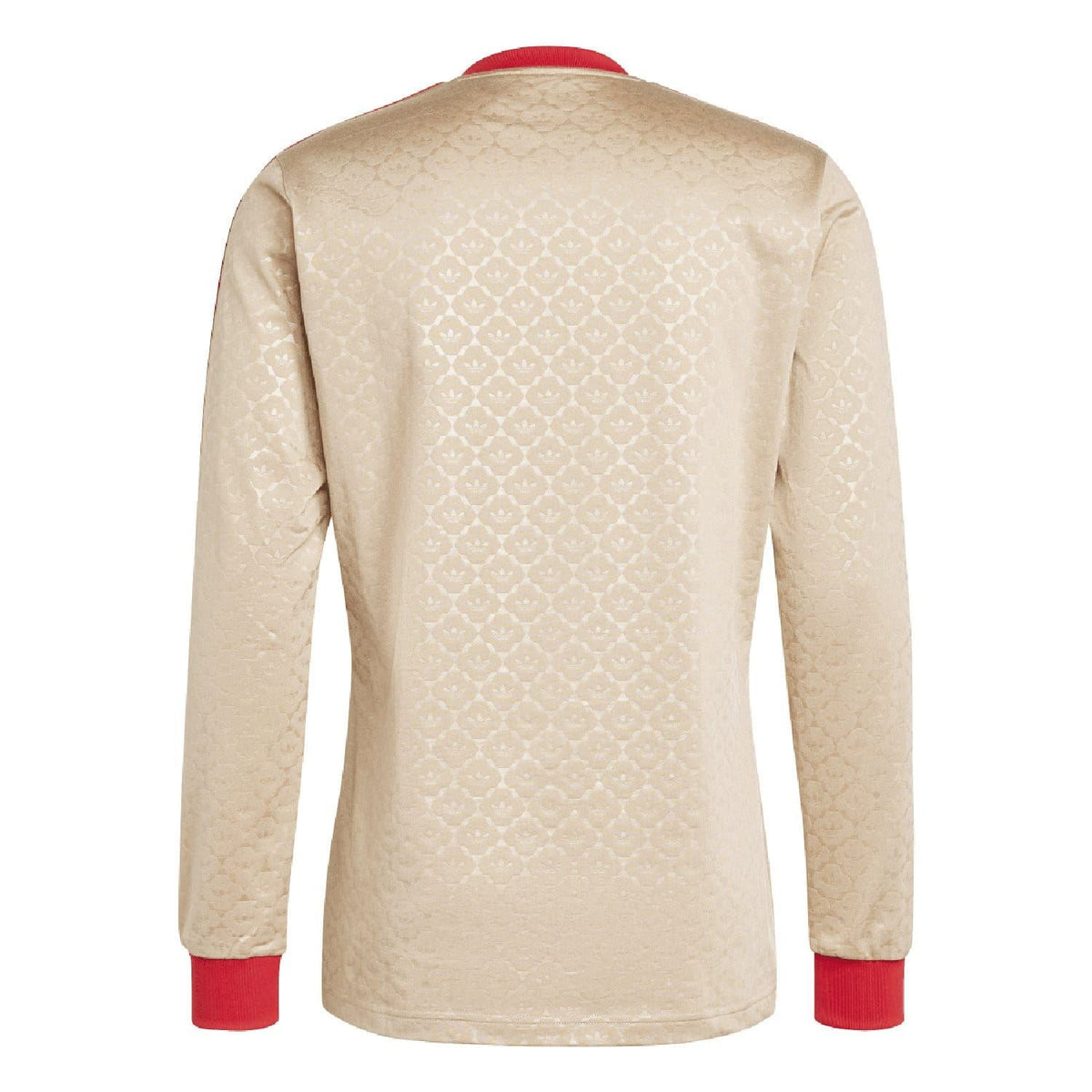 Beige back view adidas Originals jersey with red ribbed cuffs and all-over pattern