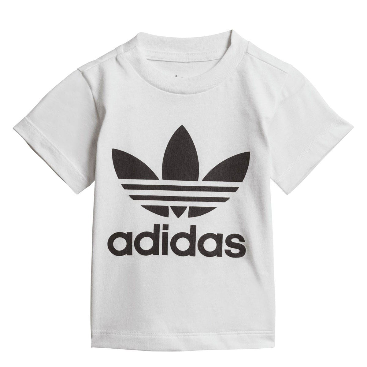 Infants' white adidas Originals Trefoil logo T-shirt, front view with crew neck