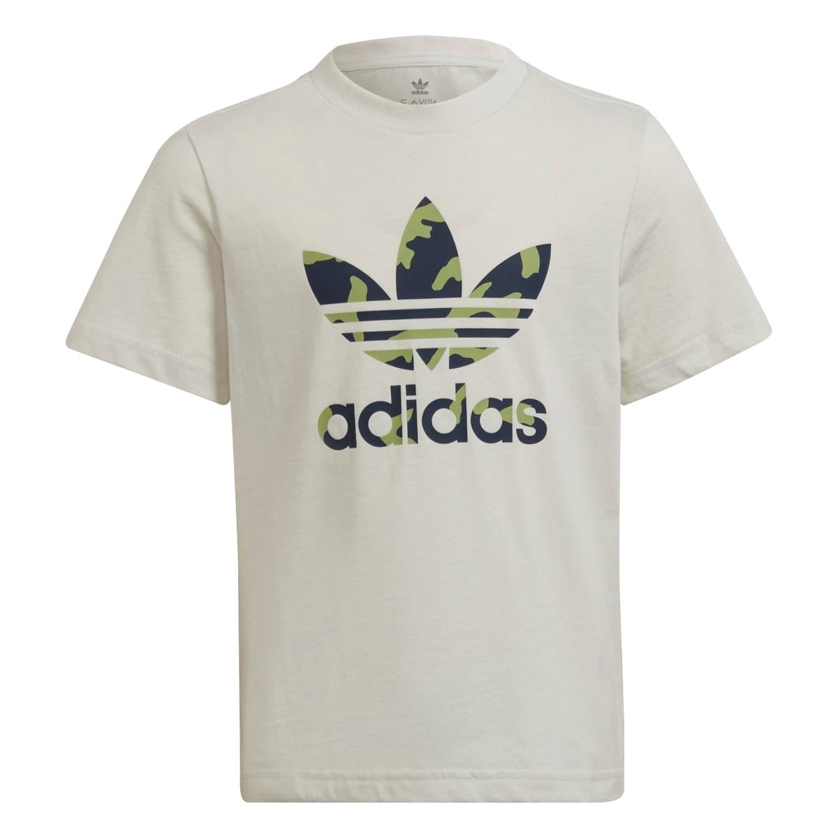 Cream junior short-sleeve T-shirt featuring camo adidas logo graphic on front