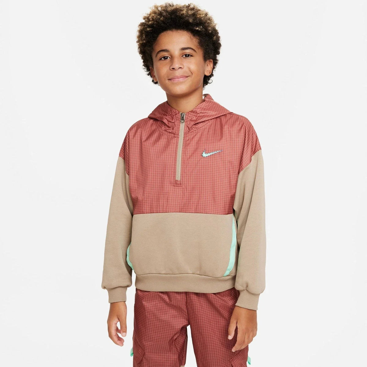 Kids Nike Outdoor Play Fleece Hoodie Khaki Long Sleeve 1/2 Zip RED589