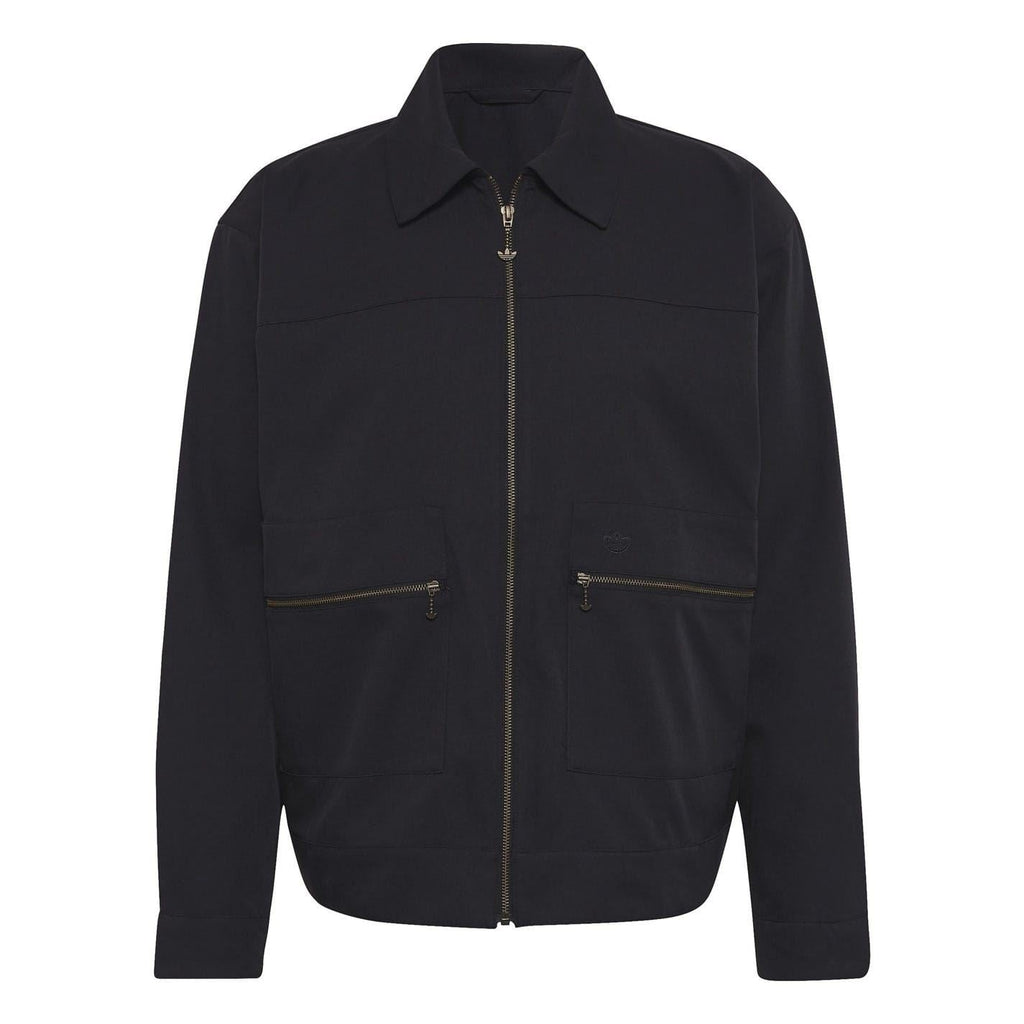 Black zip-up utility jacket with stand collar and two chest pockets