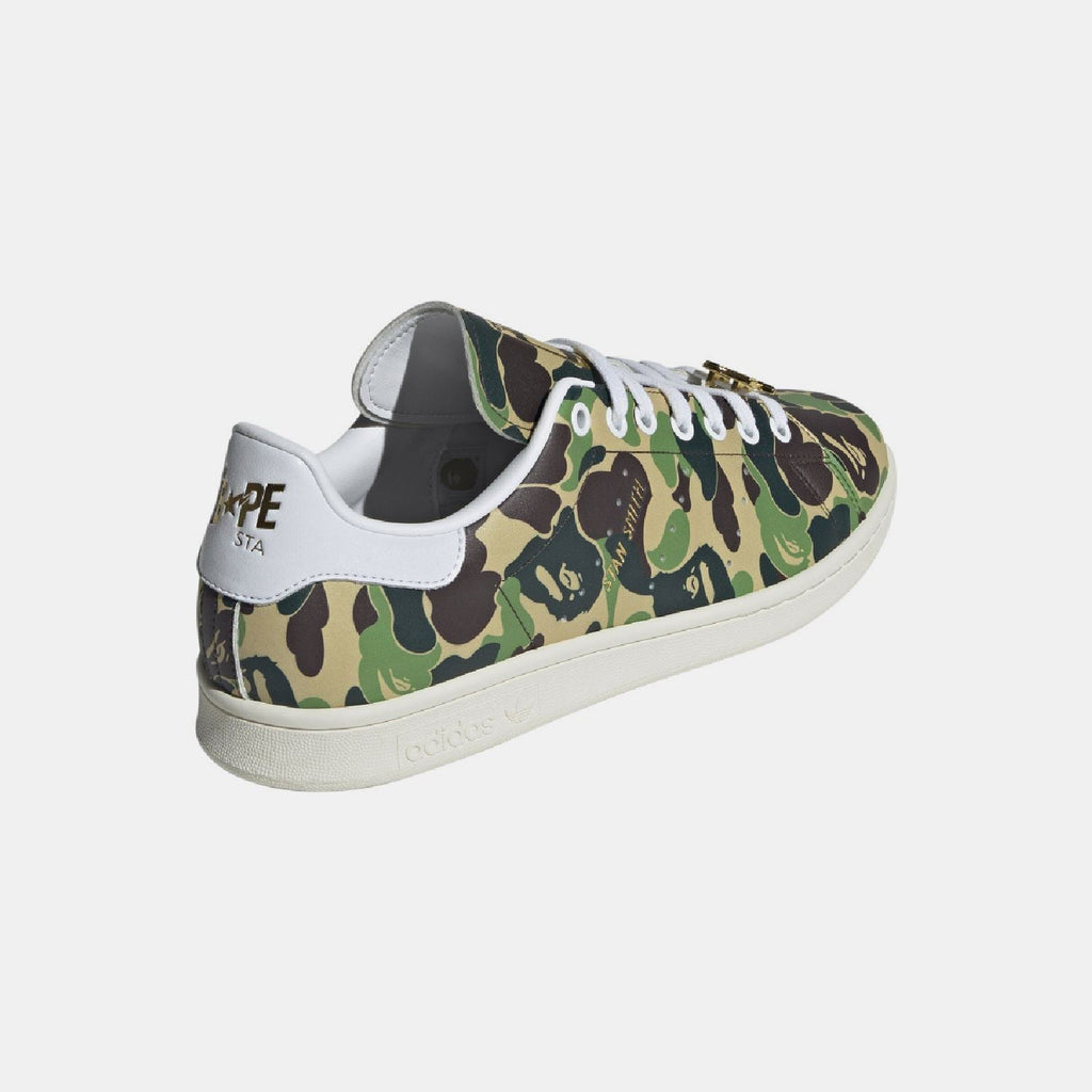 adidas Originals Bape Stan Smith shoes featuring white leather upper, green accents, and classic sneaker design.