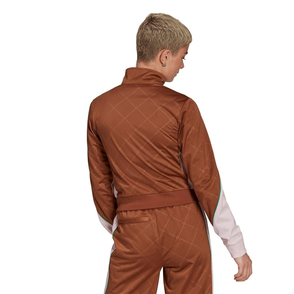 Mock neck track jacket back view in brown with diamond pattern and zip seam
