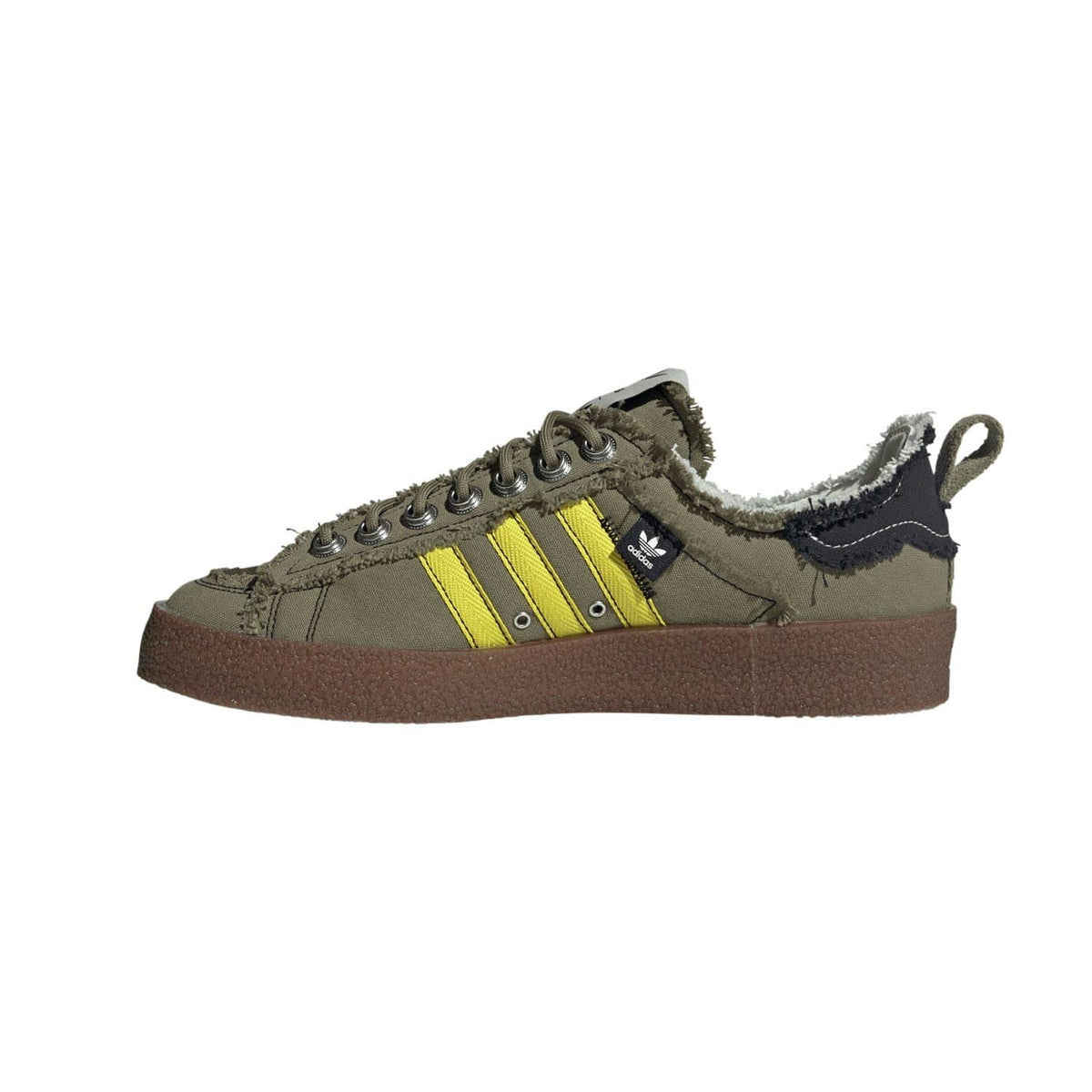 adidas Originals Campus 80s trainers in olive with yellow stripes, lace-up and fur collar
