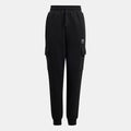 Black fleece cargo pants with elastic waistband, drawstring, and side cargo pockets