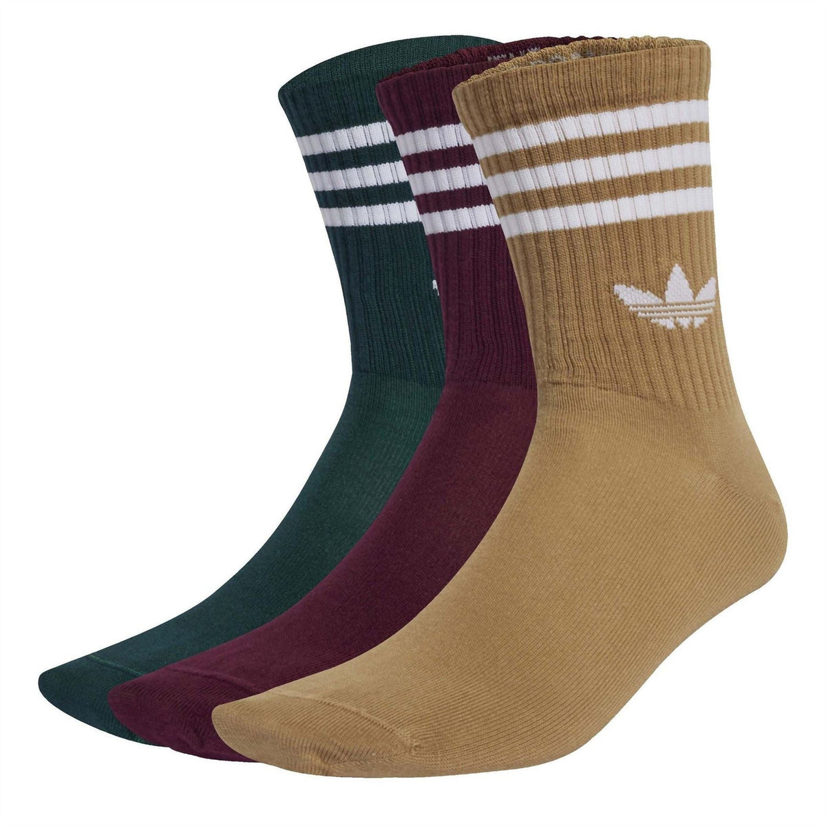 adidas Originals crew socks 3-pack, striped maroon, green, tan with trefoil logo