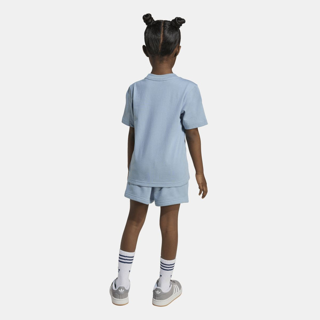 Light blue adidas kids T-shirt and shorts set, back view with logo on chest.