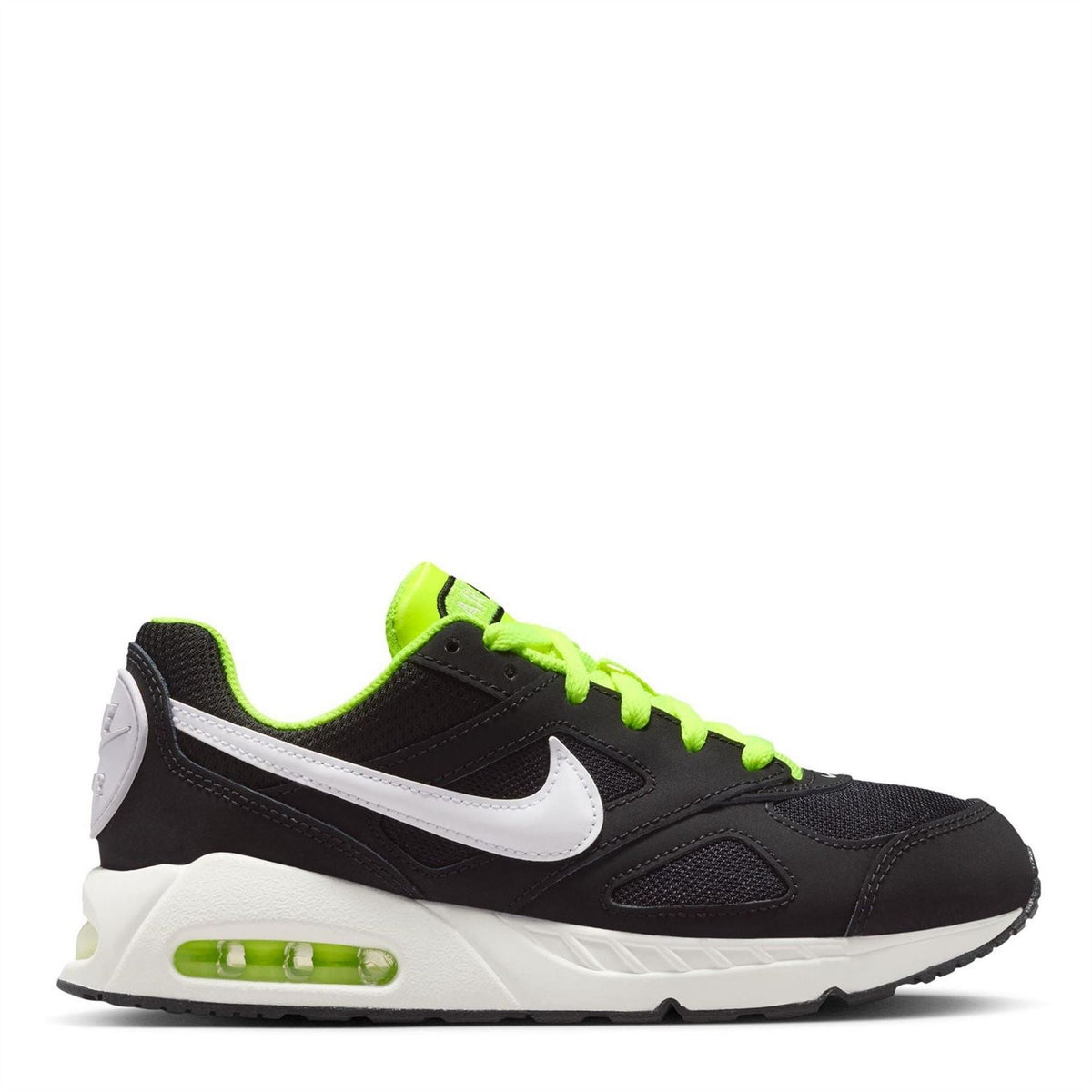 Black junior sneaker with neon green laces, white swoosh, and Air Max unit