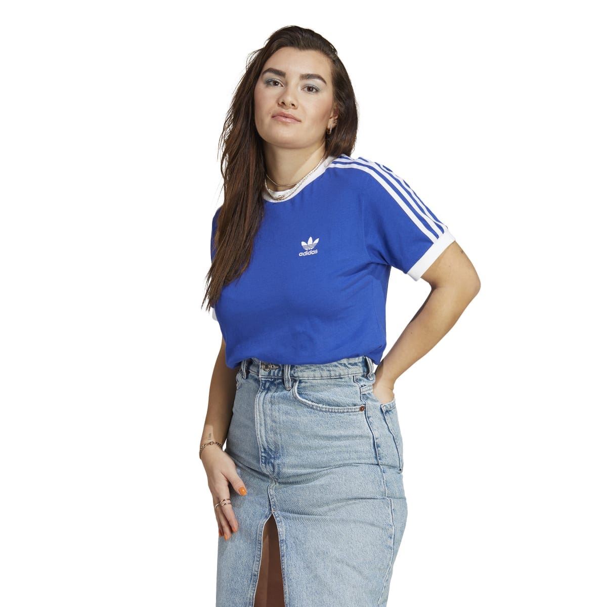 Blue adidas Originals t-shirt with white crew neck and 3-stripe sleeve accents