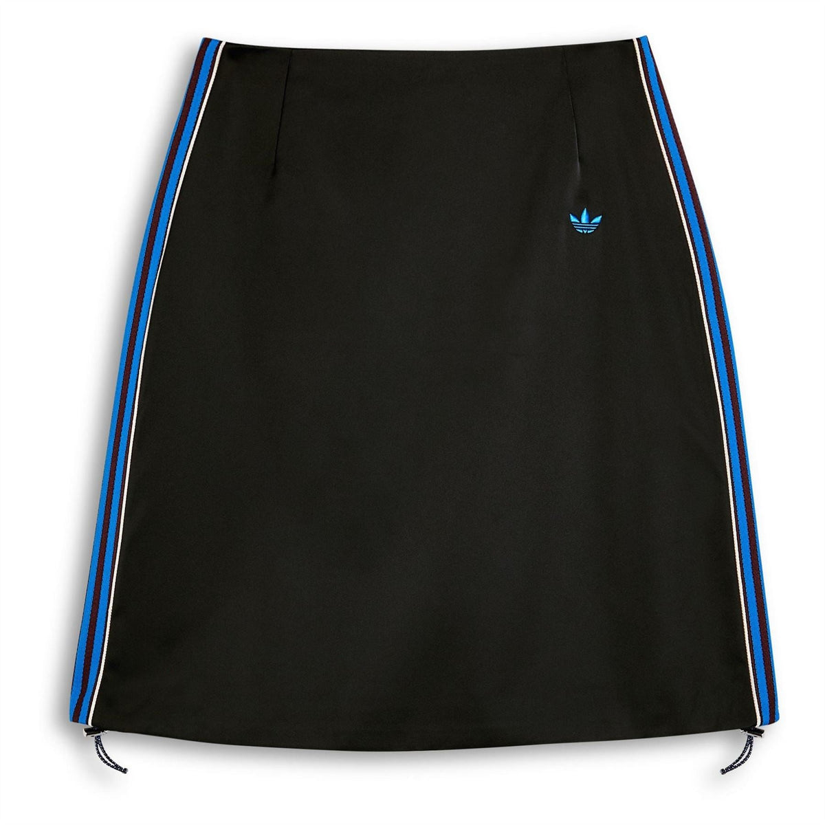 Black satin skirt with blue-and-white side stripes and small adidas Originals logo