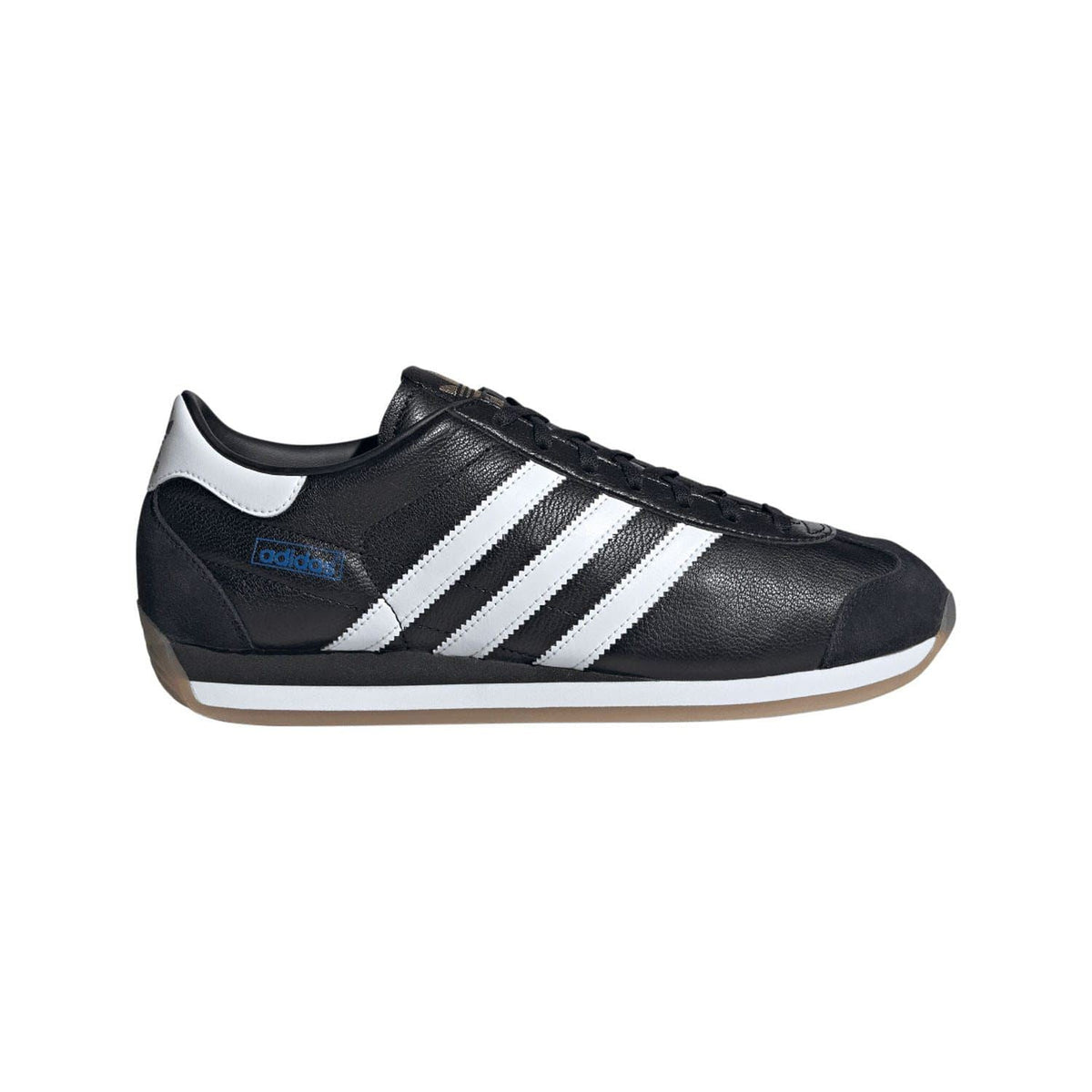 Black leather low-top adidas trainers with white three stripes and lace-up closure