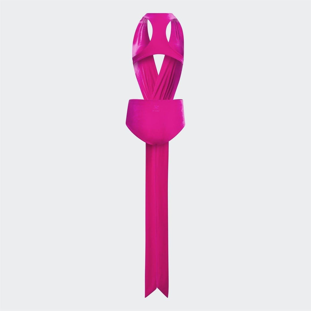 Pink one-piece swimsuit with plunging V front and draped long tie panel