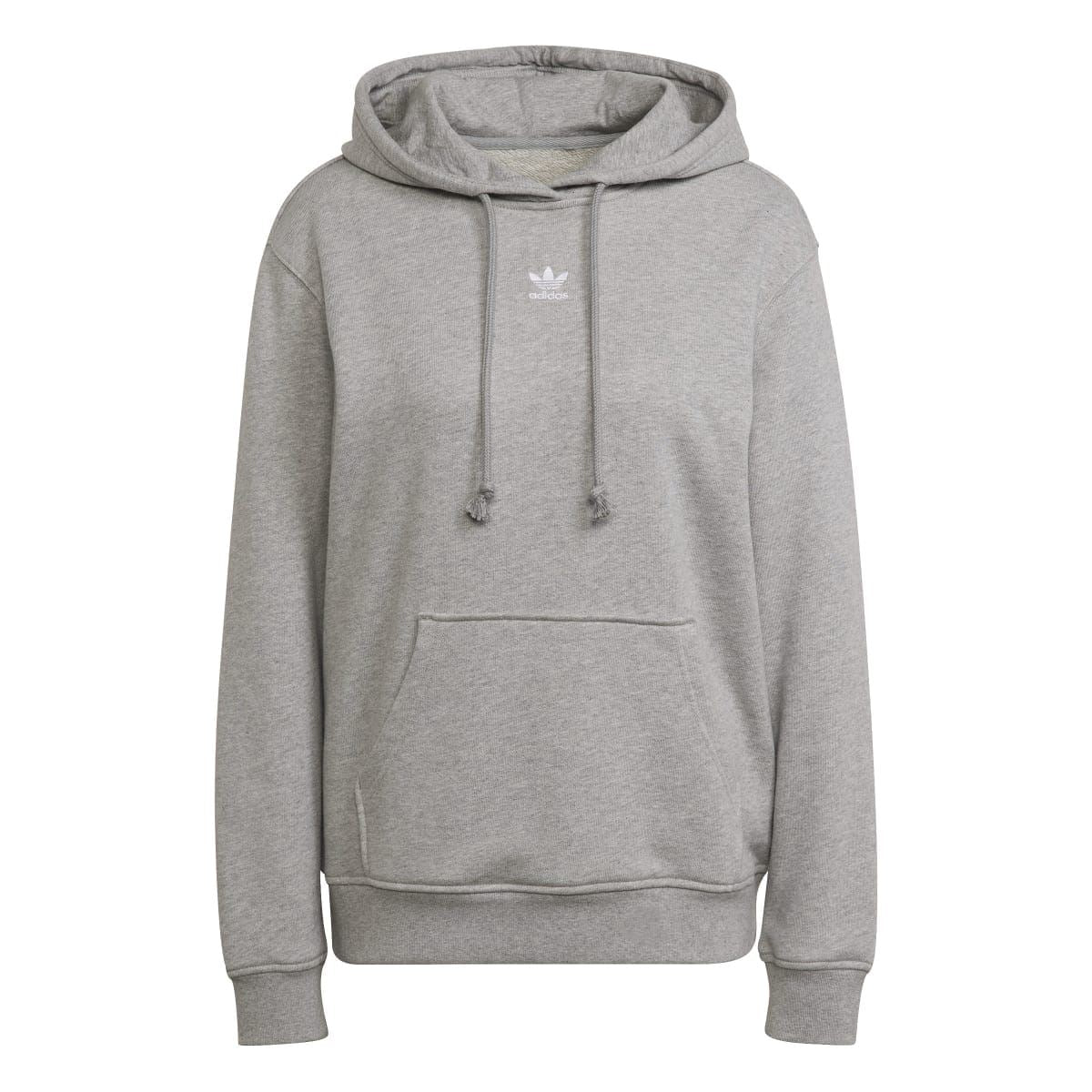 Grey heather pullover hoodie with hood, drawstrings, and front kangaroo pocket