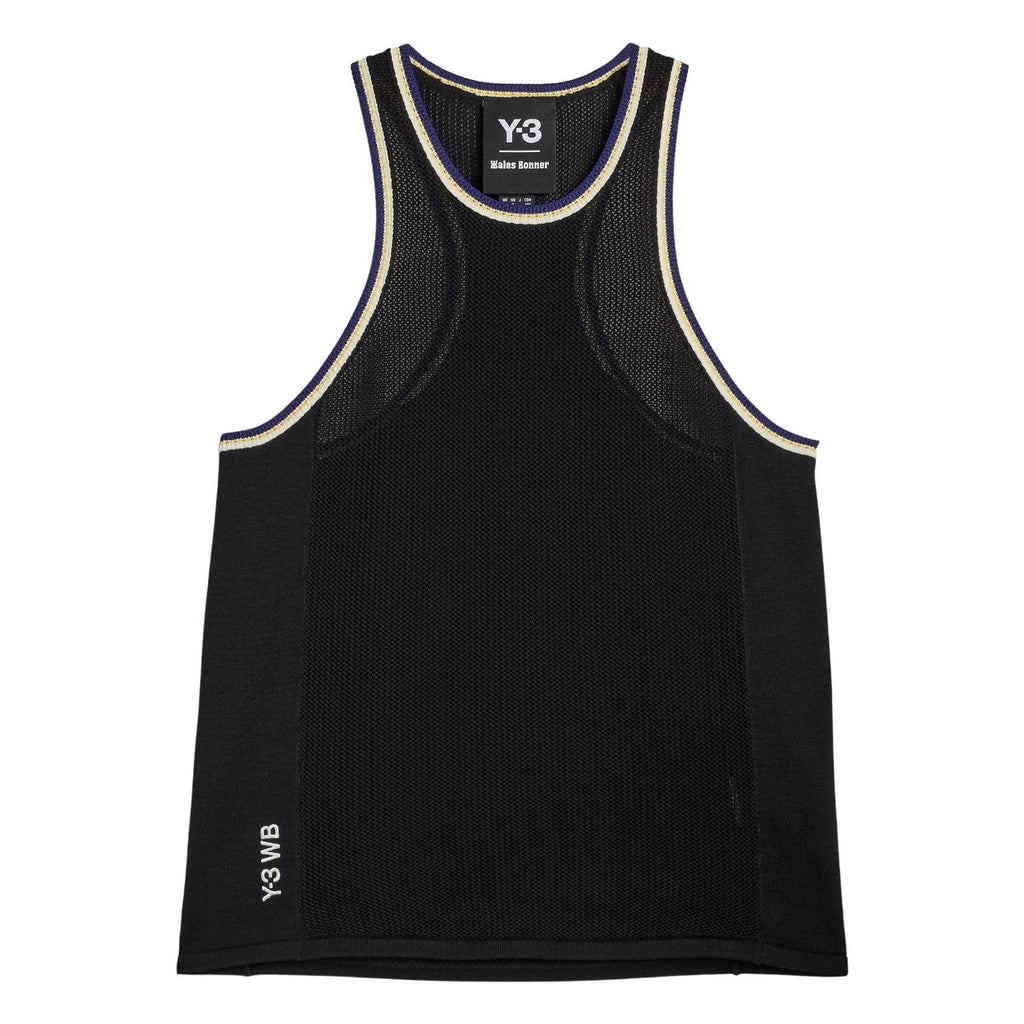 Black knit tank top with ribbed crew neckline, contrast trim, and Y-3 logo patch